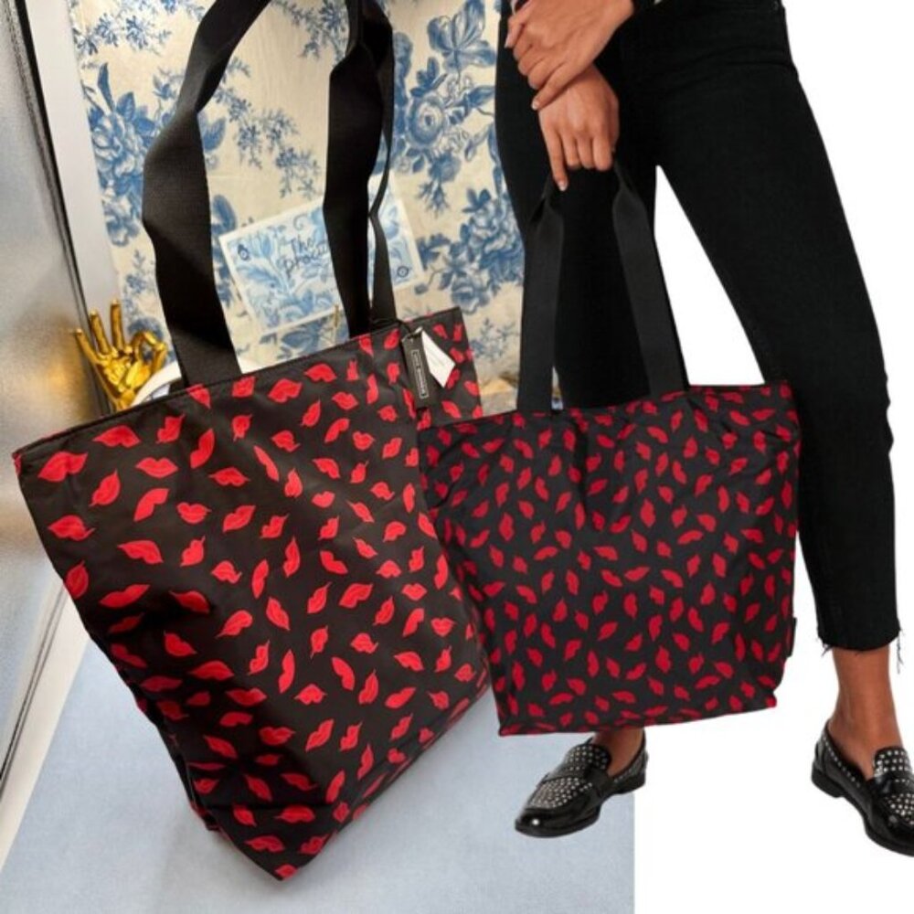 🆕 LULU GUINNESS 🧿 NWT Hand Painted Lips Nylon Zip Tote